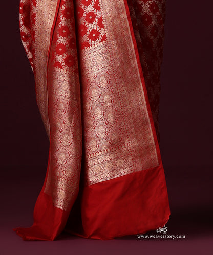 Red Pure Katan Silk Banarasi Cutwork Saree With Floral Jaal
