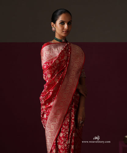 Pink Pure Katan Silk Banarasi Saree With All-Over Floral Jaal
