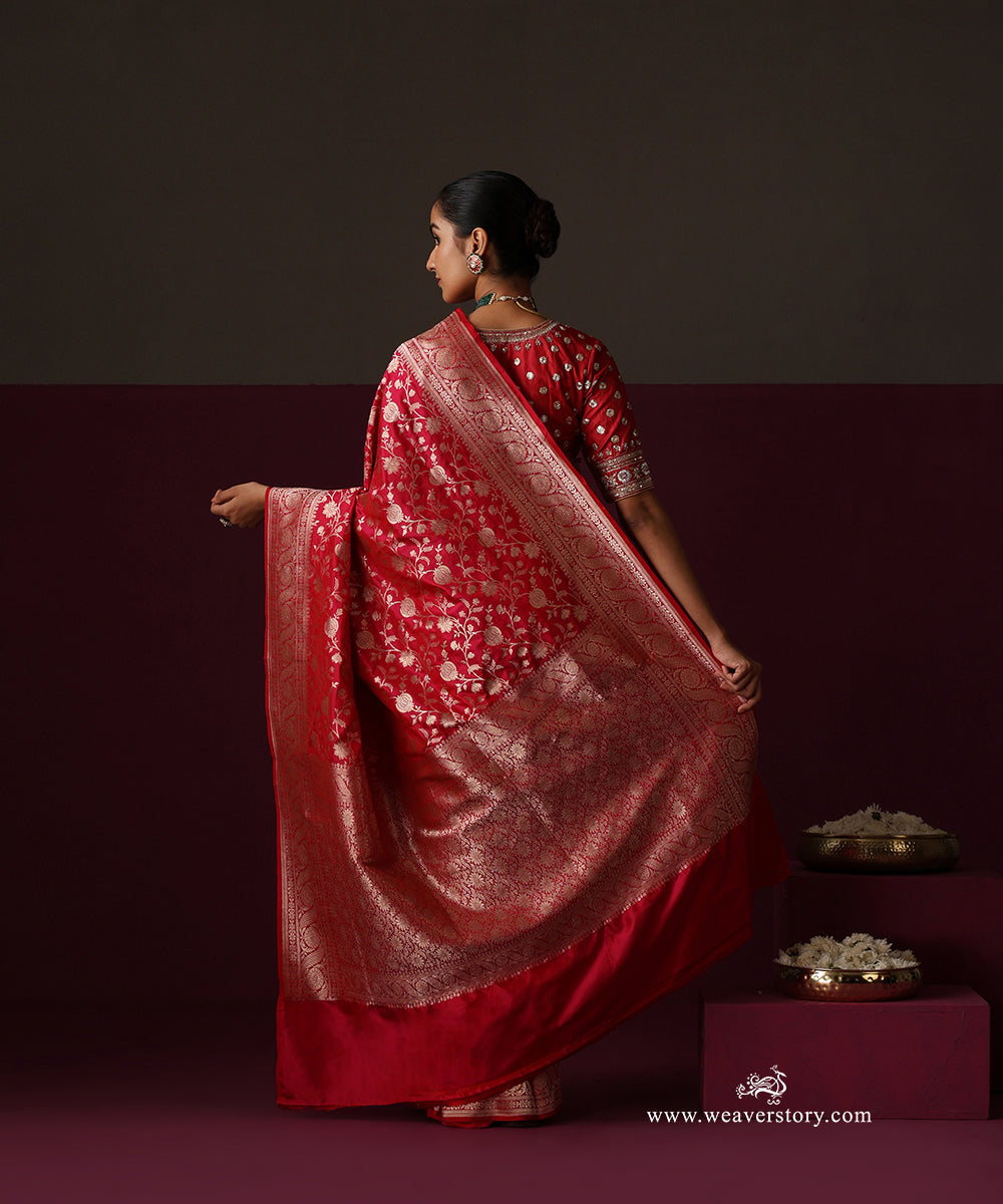 Pink Pure Katan Silk Banarasi Saree With All-Over Floral Jaal