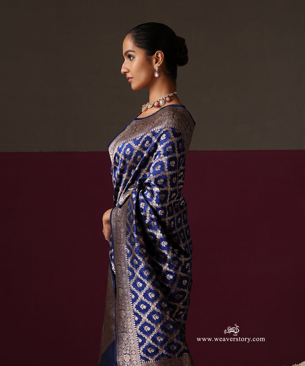 Royal Blue Pure Katan Silk Banarasi Cutwork Saree With Boota Jaal