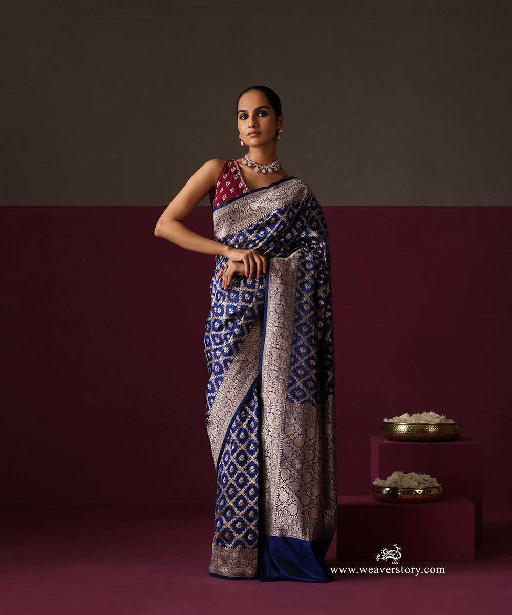 Royal Blue Pure Katan Silk Banarasi Cutwork Saree With Boota Jaal