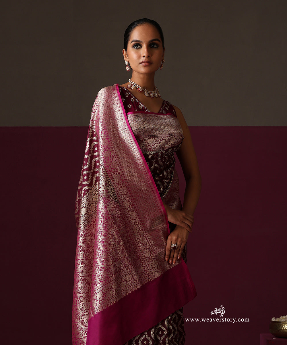 Wine Pure Katan Silk Banarasi Saree With Cutwork Pink Border