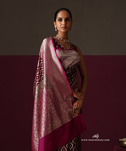 Wine Pure Katan Silk Banarasi Saree With Cutwork Pink Border
