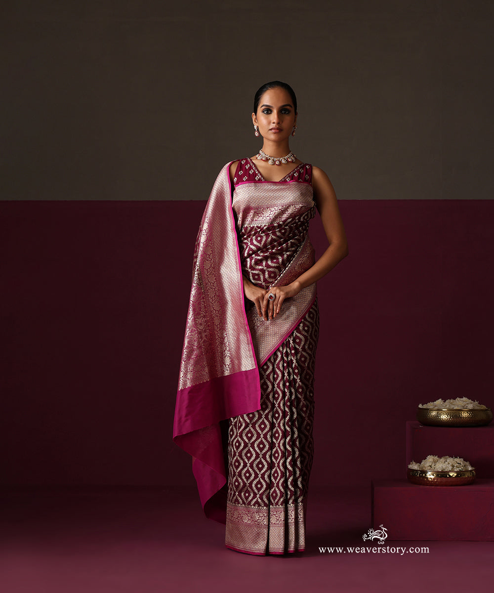 Wine Pure Katan Silk Banarasi Saree With Cutwork Pink Border
