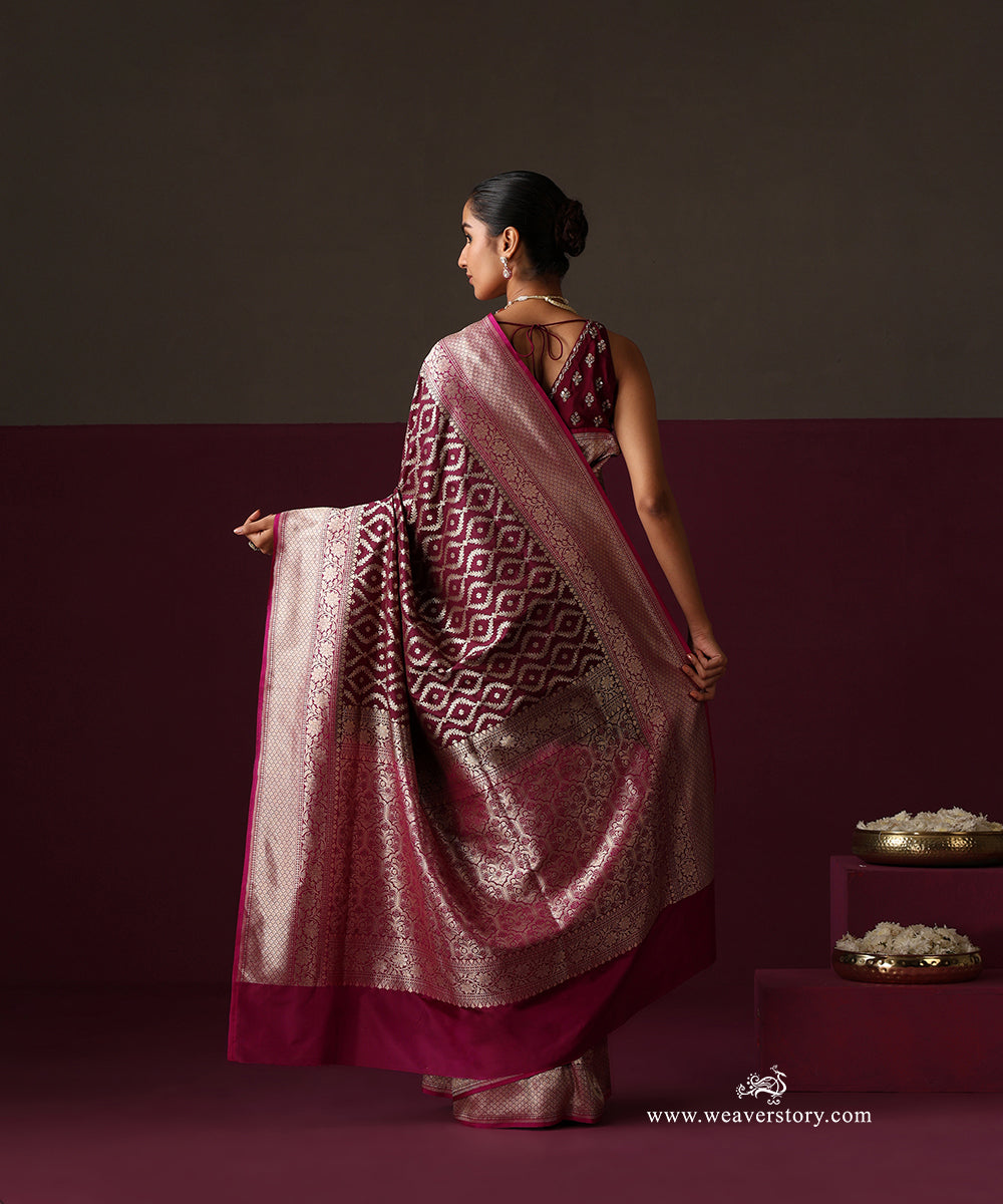 Wine Pure Katan Silk Banarasi Saree With Cutwork Pink Border