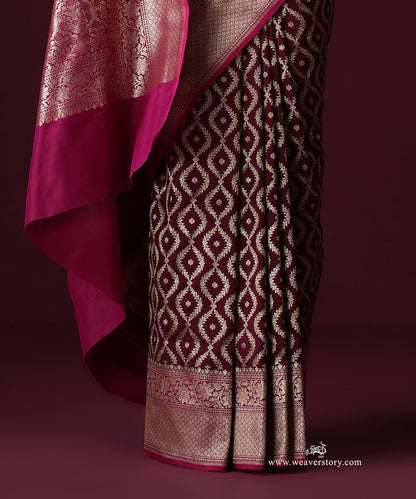 Wine Pure Katan Silk Banarasi Saree With Cutwork Pink Border