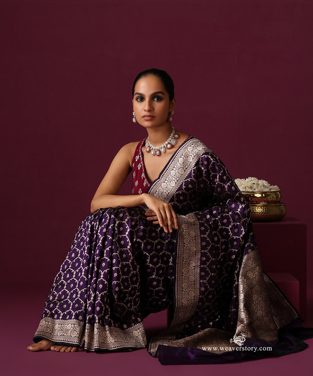 Purple Pure Katan Silk Banarasi Cutwork Jaal Saree With Pink Meena
