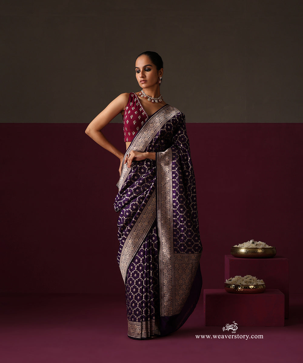 Purple Pure Katan Silk Banarasi Cutwork Jaal Saree With Pink Meena