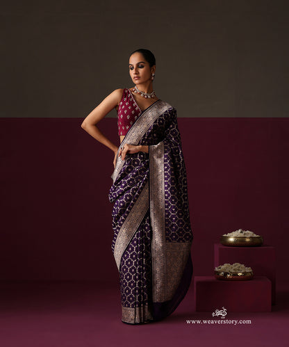 Purple Pure Katan Silk Banarasi Cutwork Jaal Saree With Pink Meena
