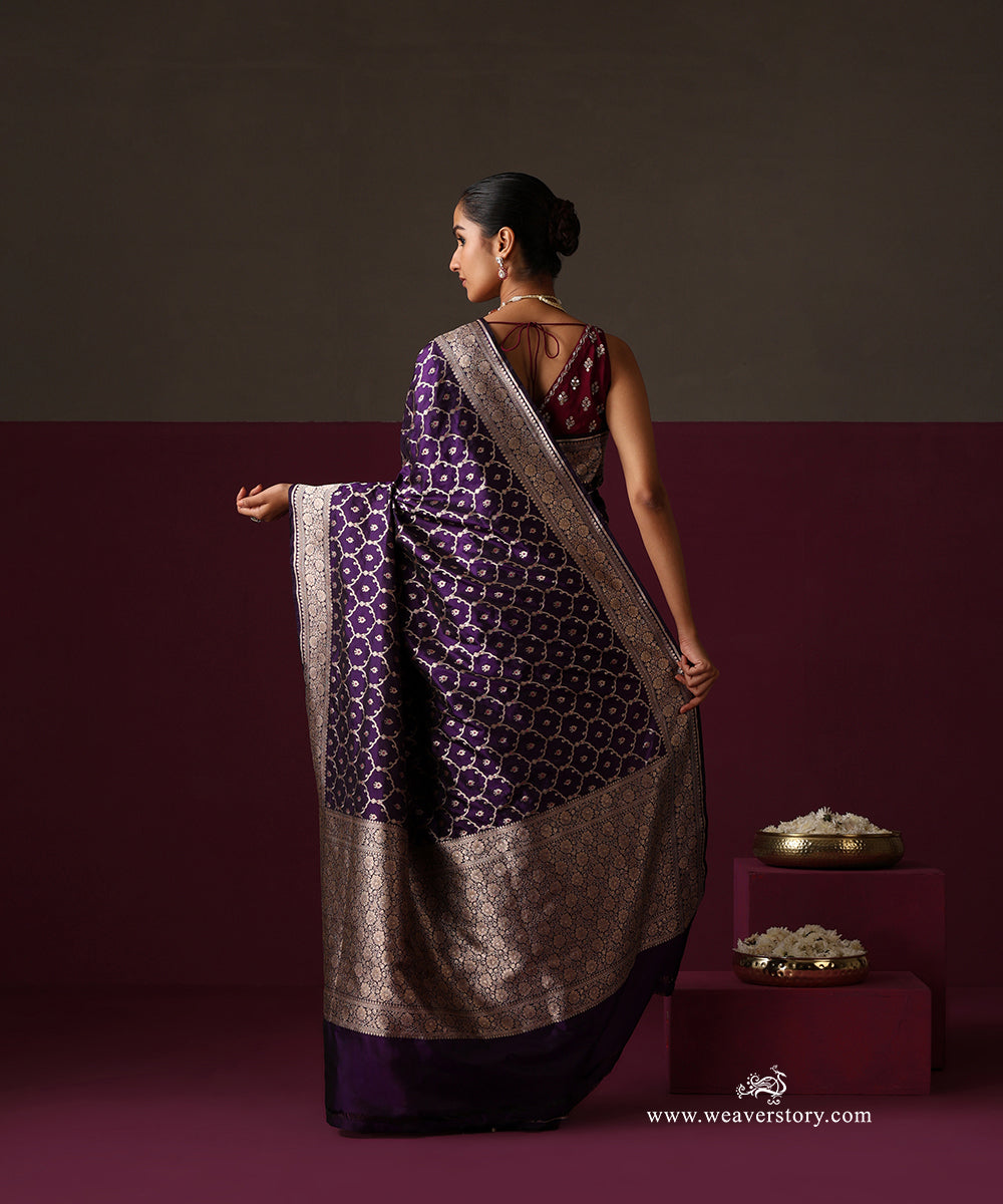 Purple Pure Katan Silk Banarasi Cutwork Jaal Saree With Pink Meena