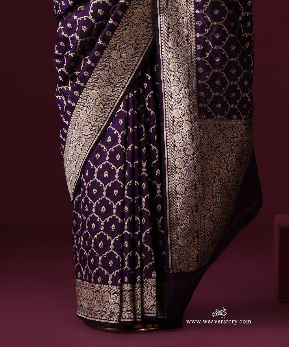 Purple Pure Katan Silk Banarasi Cutwork Jaal Saree With Pink Meena