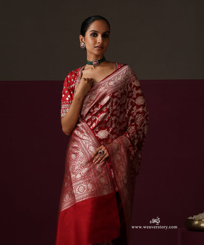 Maroon Pure Katan Silk Banarasi Ekrata Saree With Sona Rupa Mehraab Jaal