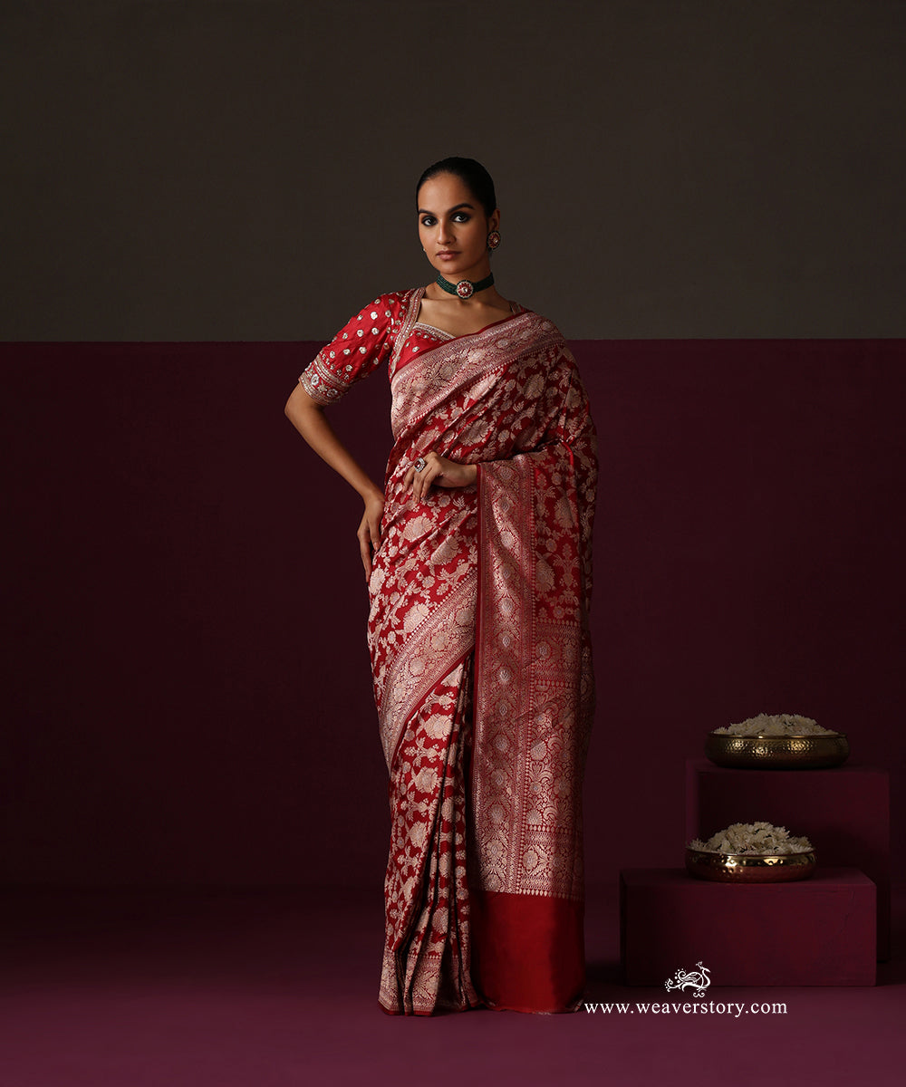 Maroon Pure Katan Silk Banarasi Ekrata Saree With Sona Rupa Mehraab Jaal