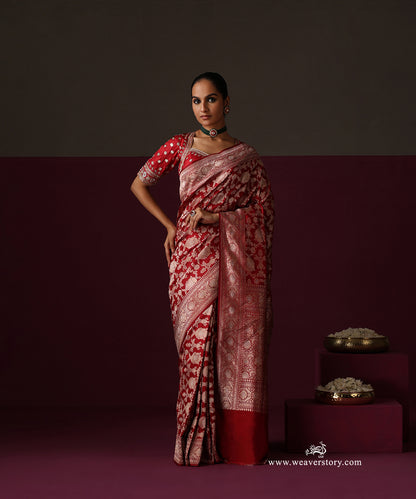 Maroon Pure Katan Silk Banarasi Ekrata Saree With Sona Rupa Mehraab Jaal