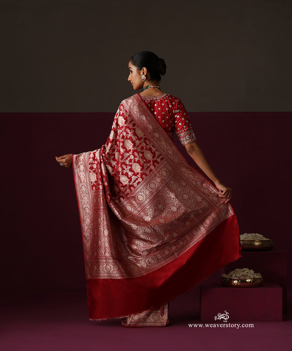 Maroon Pure Katan Silk Banarasi Ekrata Saree With Sona Rupa Mehraab Jaal