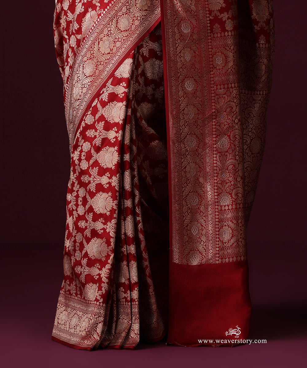 Maroon Pure Katan Silk Banarasi Ekrata Saree With Sona Rupa Mehraab Jaal