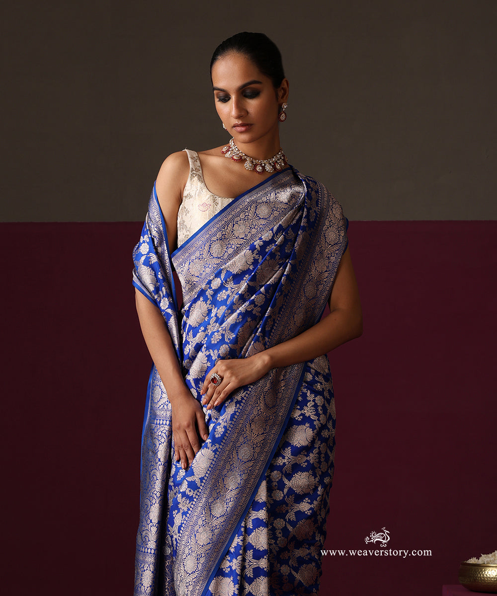 Royal Blue Pure Katan Silk Banarasi Ekrata Saree With Sona Rupa Mehraab Jaal