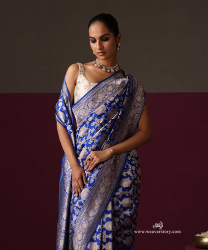 Royal Blue Pure Katan Silk Banarasi Ekrata Saree With Sona Rupa Mehraab Jaal