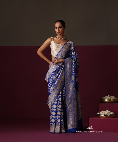 Royal Blue Pure Katan Silk Banarasi Ekrata Saree With Sona Rupa Mehraab Jaal