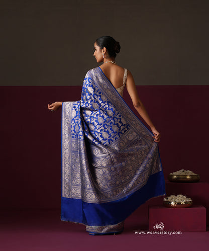 Royal Blue Pure Katan Silk Banarasi Ekrata Saree With Sona Rupa Mehraab Jaal