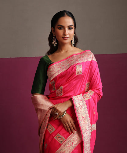Hot_Pink_Pure_Katan_Silk_Banarasi_Kadhwa_Saree_With_Meenakari_Boota_WeaverStory_01