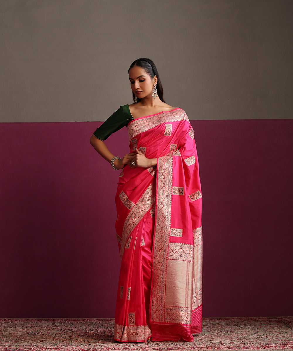 Hot_Pink_Pure_Katan_Silk_Banarasi_Kadhwa_Saree_With_Meenakari_Boota_WeaverStory_02