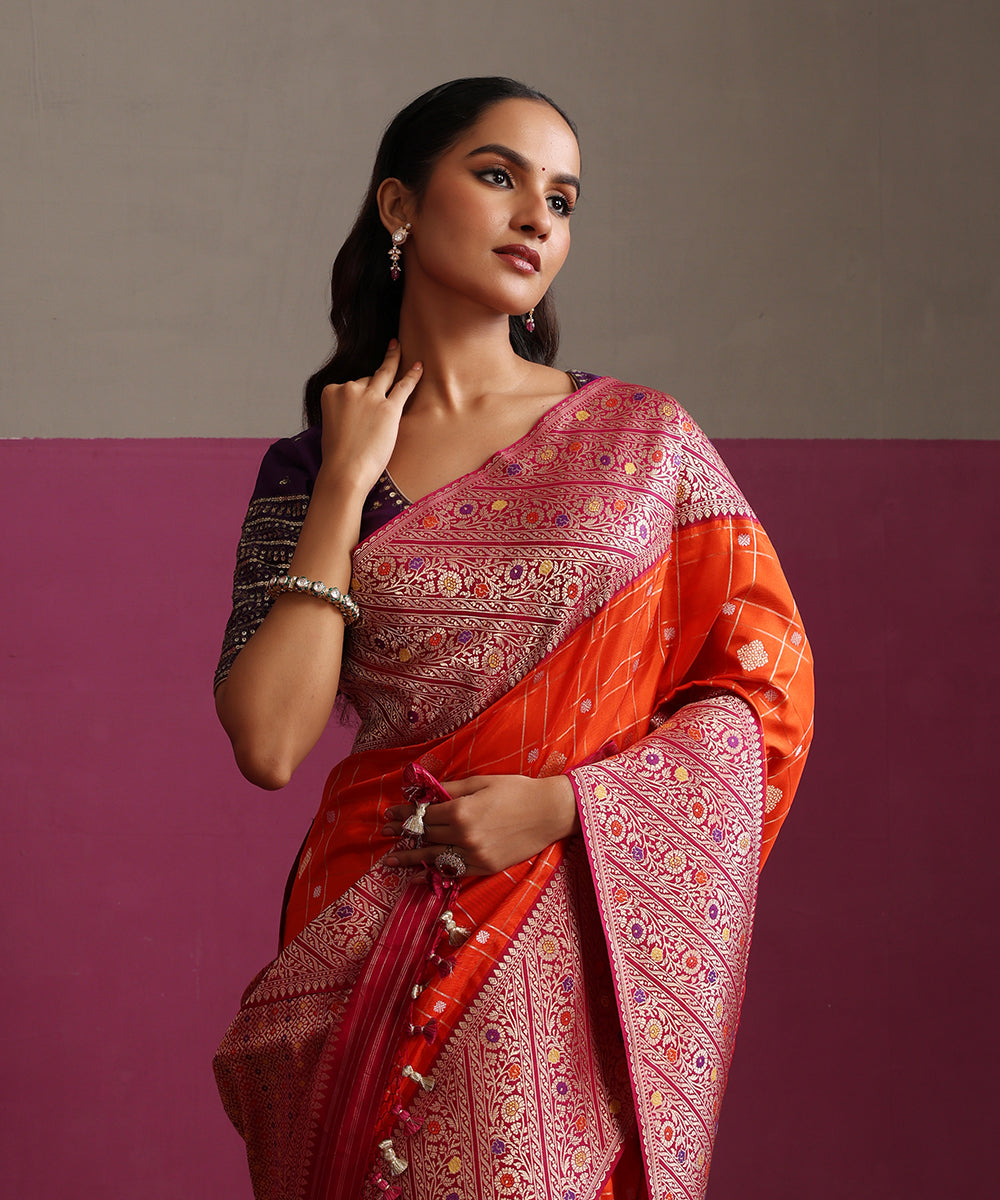 Orange_Pure_Katan_Silk_Banarasi_Ektara_Saree_With_Plum_Meenakari_Border_WeaverStory_01
