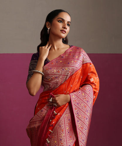 Orange_Pure_Katan_Silk_Banarasi_Ektara_Saree_With_Plum_Meenakari_Border_WeaverStory_01