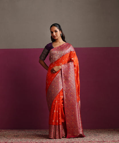 Orange_Pure_Katan_Silk_Banarasi_Ektara_Saree_With_Plum_Meenakari_Border_WeaverStory_02