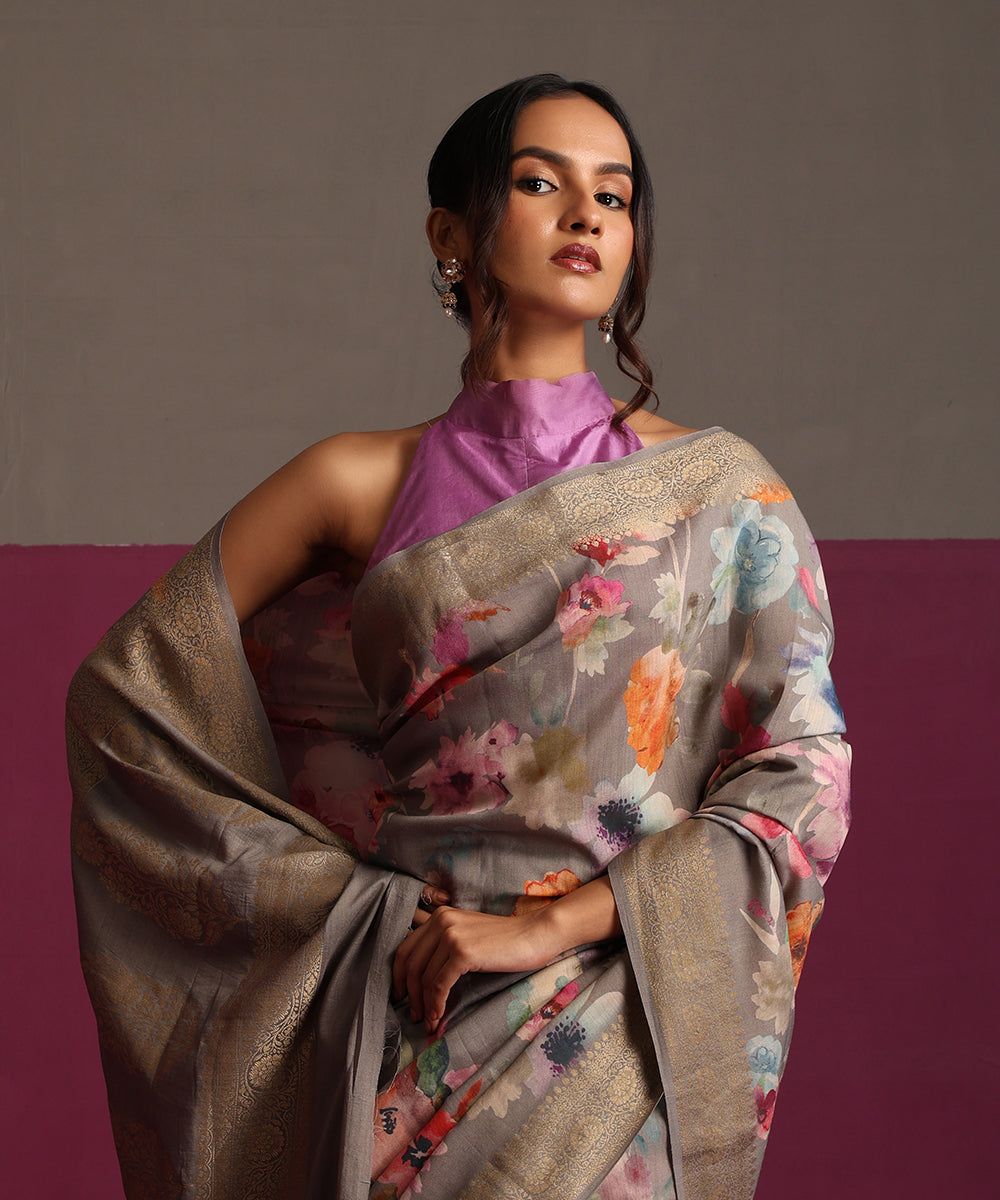 Grey_Pure_Tussar_Silk_Digital_Print_Banarasi_Saree_With_Gold_Zari_WeaverStory_01