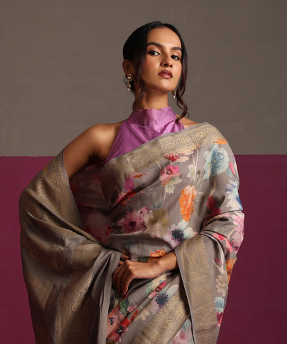 Grey_Pure_Tussar_Silk_Digital_Print_Banarasi_Saree_With_Gold_Zari_WeaverStory_01