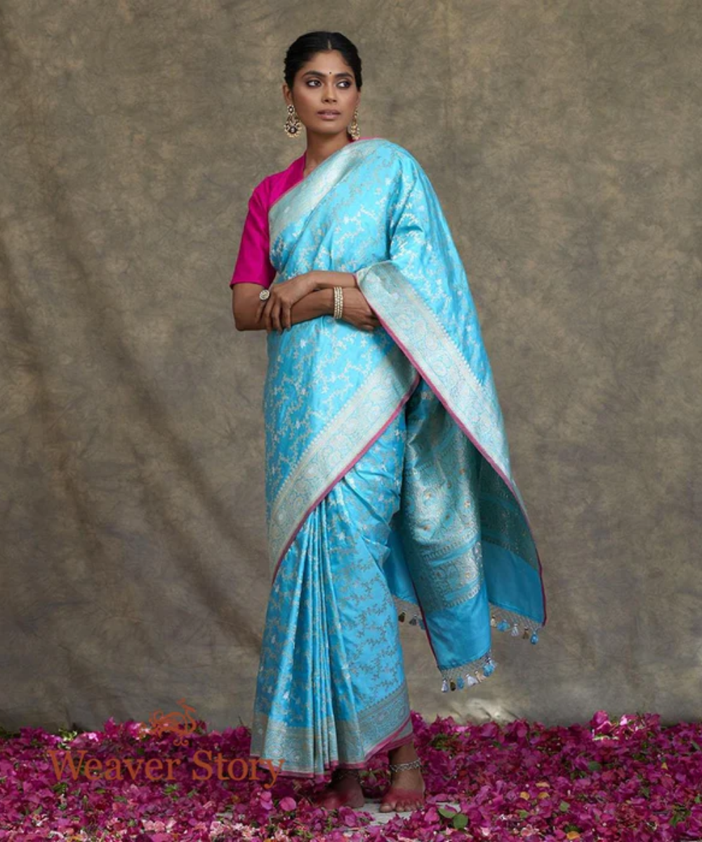 Handwoven Sky Blue Banarasi Jangla Saree With Pink Selvedge