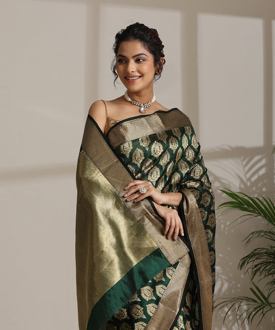 Green - Traditional Chanderi Silk Handloom Tissue Full Silver Zari Fabric 18