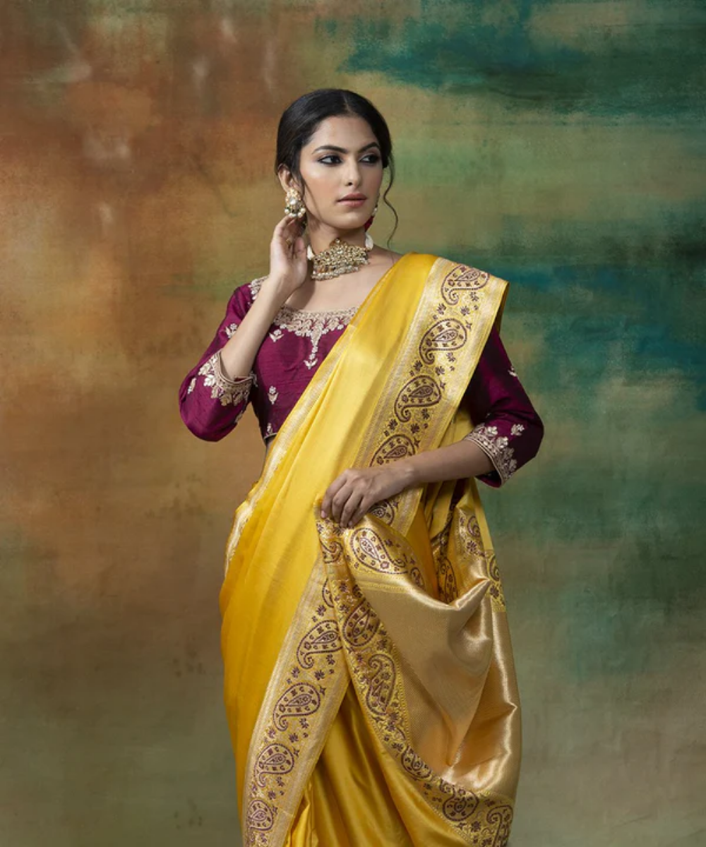 Yellow Handloom Pure Satin Banarasi Saree With Jamawar Border