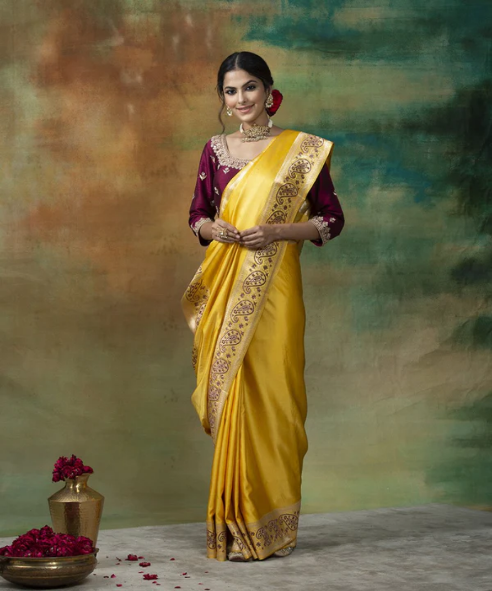 Yellow Handloom Pure Satin Banarasi Saree With Jamawar Border