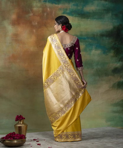 Yellow Handloom Pure Satin Banarasi Saree With Jamawar Border