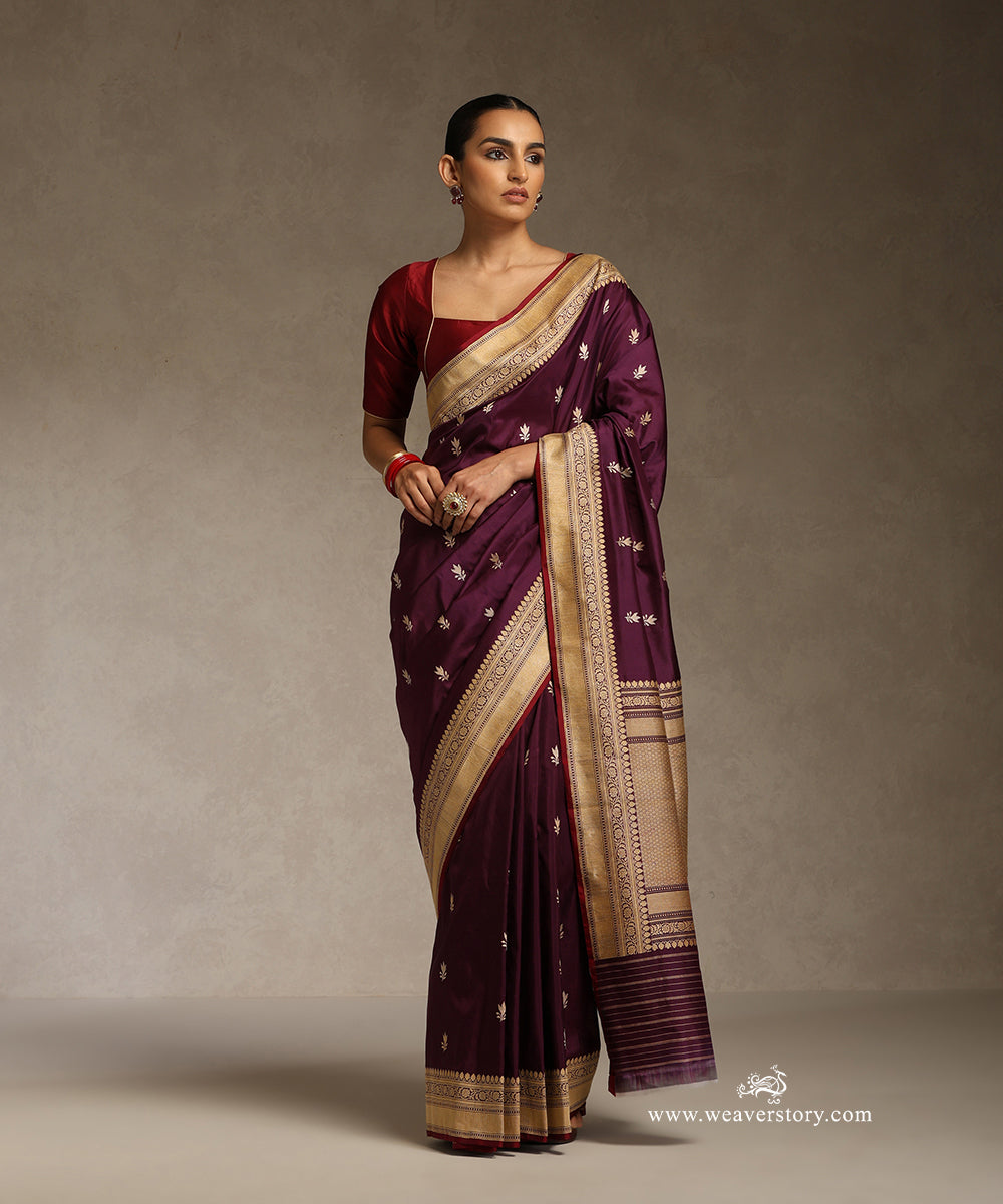 Wine_Handloom_Pure_Katan_Silk_Kadhwa_Booti_Banarasi_Saree_WeaverStory_01
