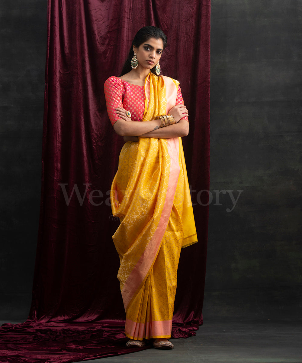 Yellow_Handloom_Tanchoi_Pure_Katan_Silk_Banarasi_Saree_With_Purple_Blouse_WeaverStory_02