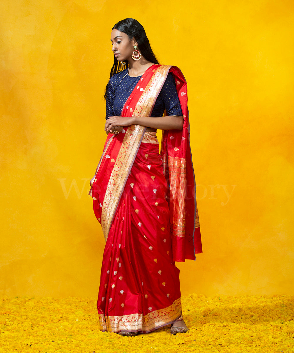 Handloom_Red_Kadhwa_Booti_Pure_Katan_Silk_Banarasi_Saree_With_Gold_And_Silver_Zari_WeaverStory_02