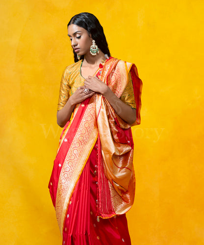 Handloom_Red_Pure_Katan_Silk_Banarasi_Saree_With_Gold_And_Silver_Zari_Kadhwa_Booti_WeaverStory_01
