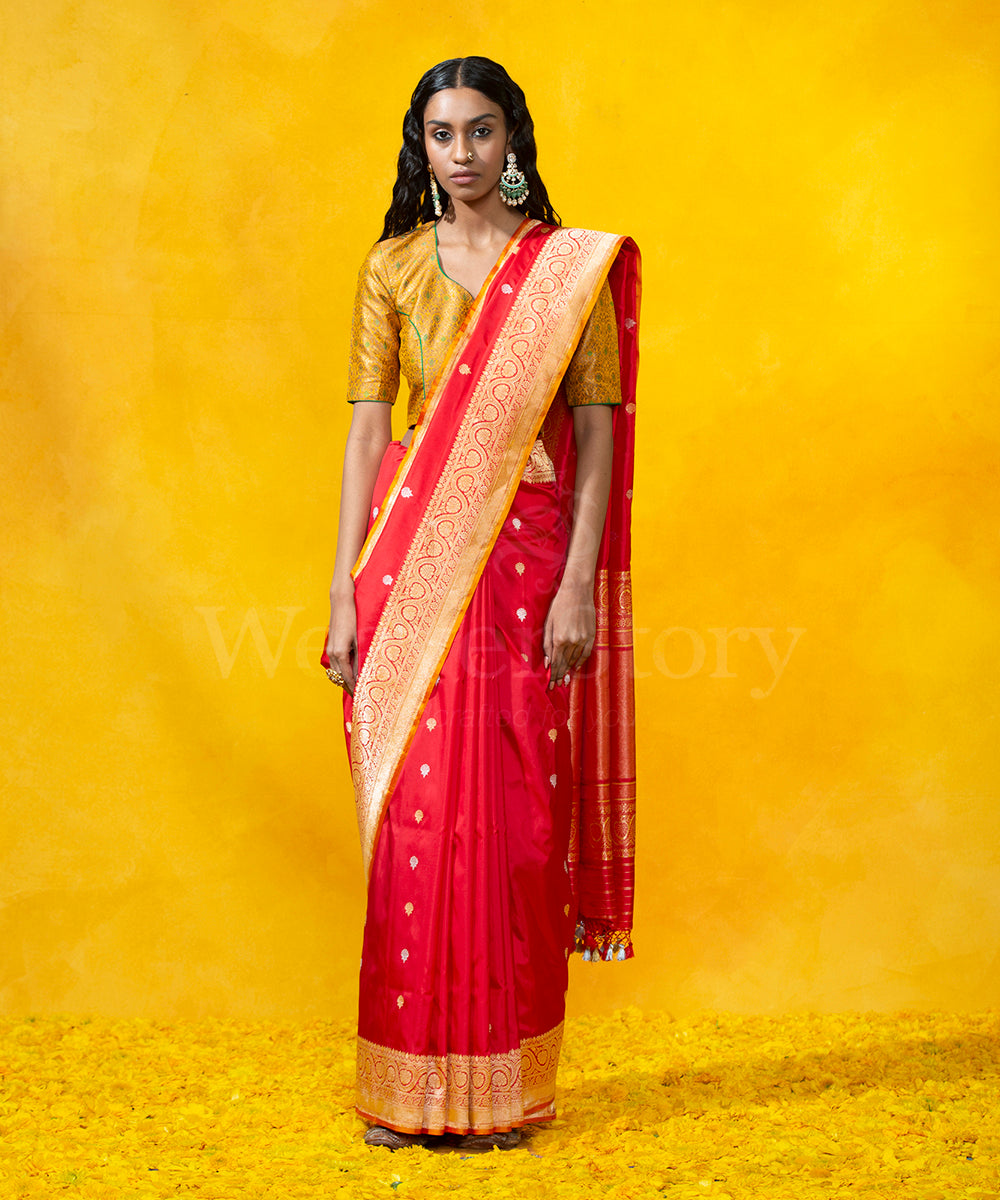 Handloom_Red_Pure_Katan_Silk_Banarasi_Saree_With_Gold_And_Silver_Zari_Kadhwa_Booti_WeaverStory_02