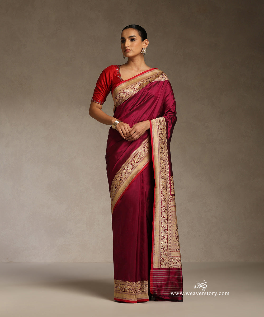 Wine_Handloom_Pure_Katan_Silk_Banarasi_Saree_With_Silver_Meenakari_Border_And_Pallu_WeaverStory_01