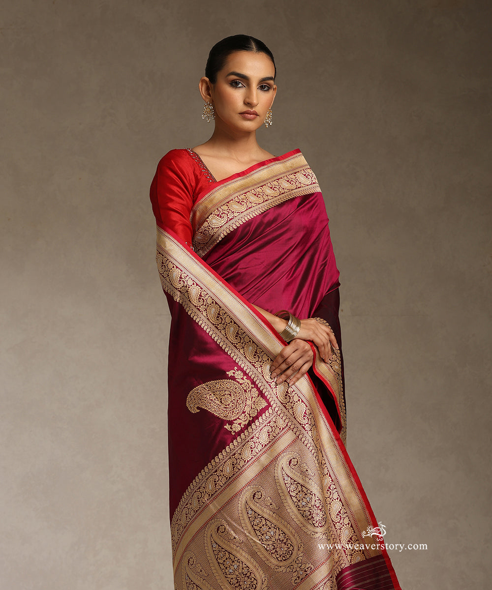Wine_Handloom_Pure_Katan_Silk_Banarasi_Saree_With_Silver_Meenakari_Border_And_Pallu_WeaverStory_02