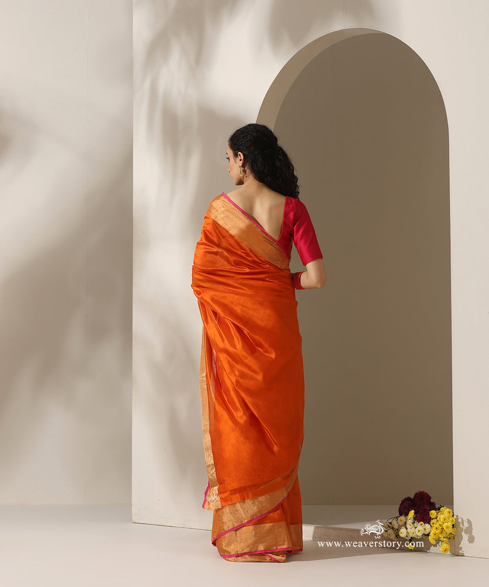 Orange_Handloom_Silk_Chanderi_Saree_With_Pink_Selvedge_Golden_Zari_Border_WeaverStory_03