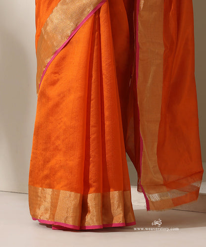 Orange_Handloom_Silk_Chanderi_Saree_With_Pink_Selvedge_Golden_Zari_Border_WeaverStory_04