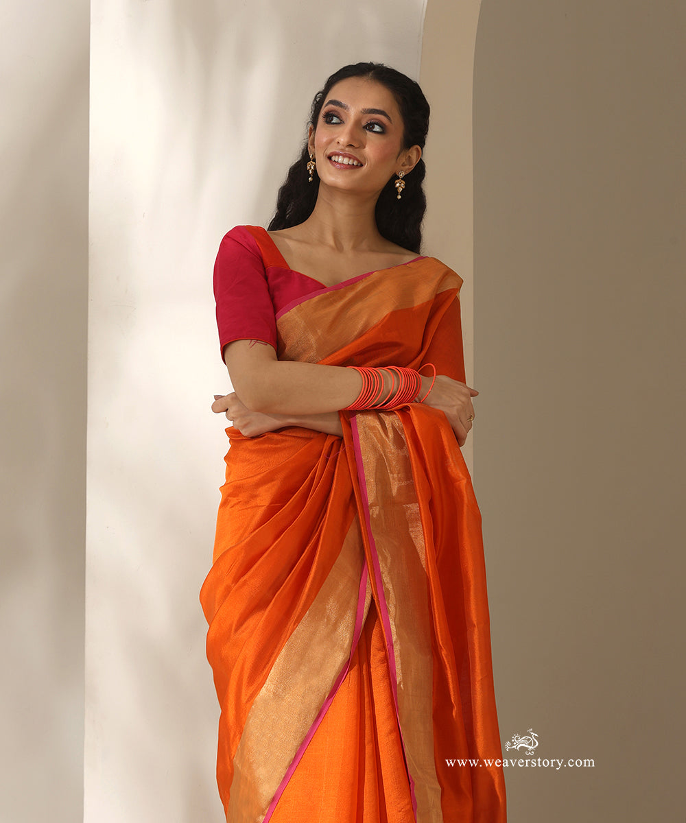 Orange_Handloom_Silk_Chanderi_Saree_With_Pink_Selvedge_Golden_Zari_Border_WeaverStory_02