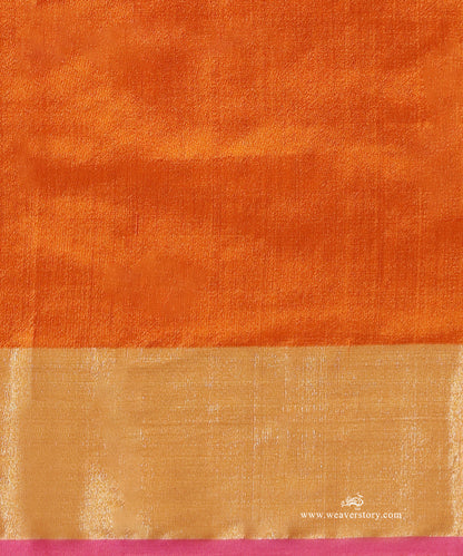 Orange_Handloom_Silk_Chanderi_Saree_With_Pink_Selvedge_Golden_Zari_Border_WeaverStory_05