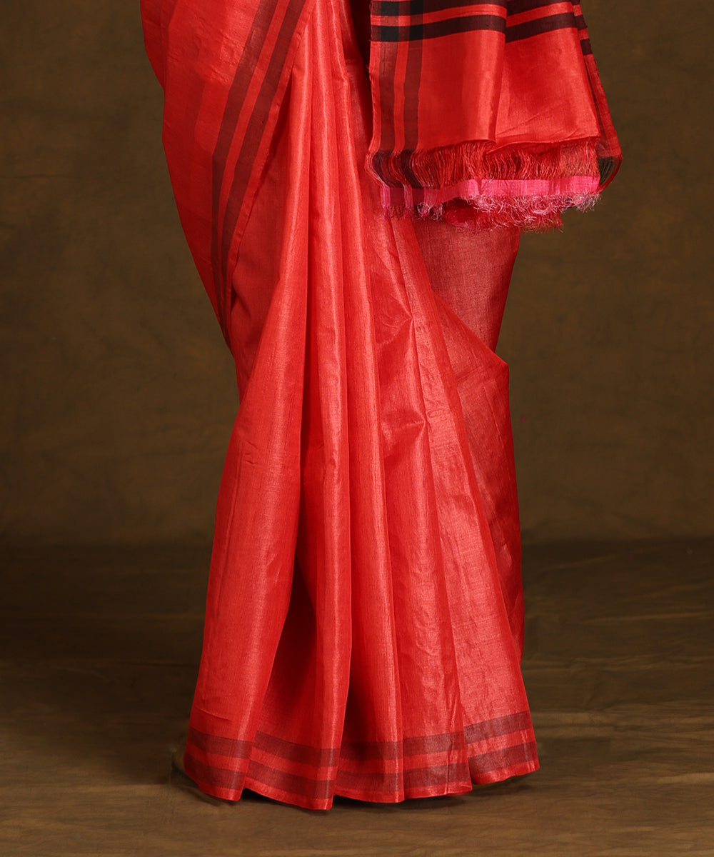 Deep Orange Handloom Pure Kosa Silk Saree With Lotus Motifs On Pallu