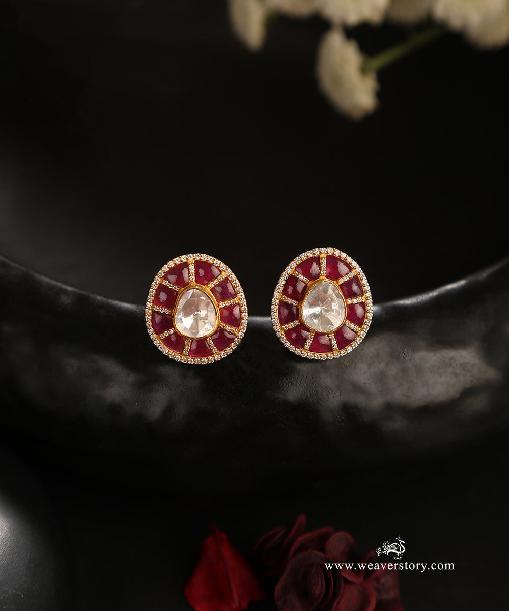 Lila_Handcrafted_Pure_Silver_Moissanite_Polki_Studs_With_Red_Semi_Precious_Stones_WeaverStory_01