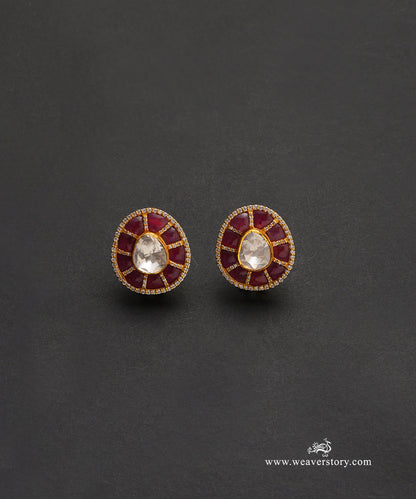 Lila_Handcrafted_Pure_Silver_Moissanite_Polki_Studs_With_Red_Semi_Precious_Stones_WeaverStory_02